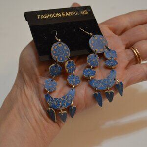 Fashion Earrings Hanging Charms Geometry Shapes linked Blue Prints Cork ~ 2.5'